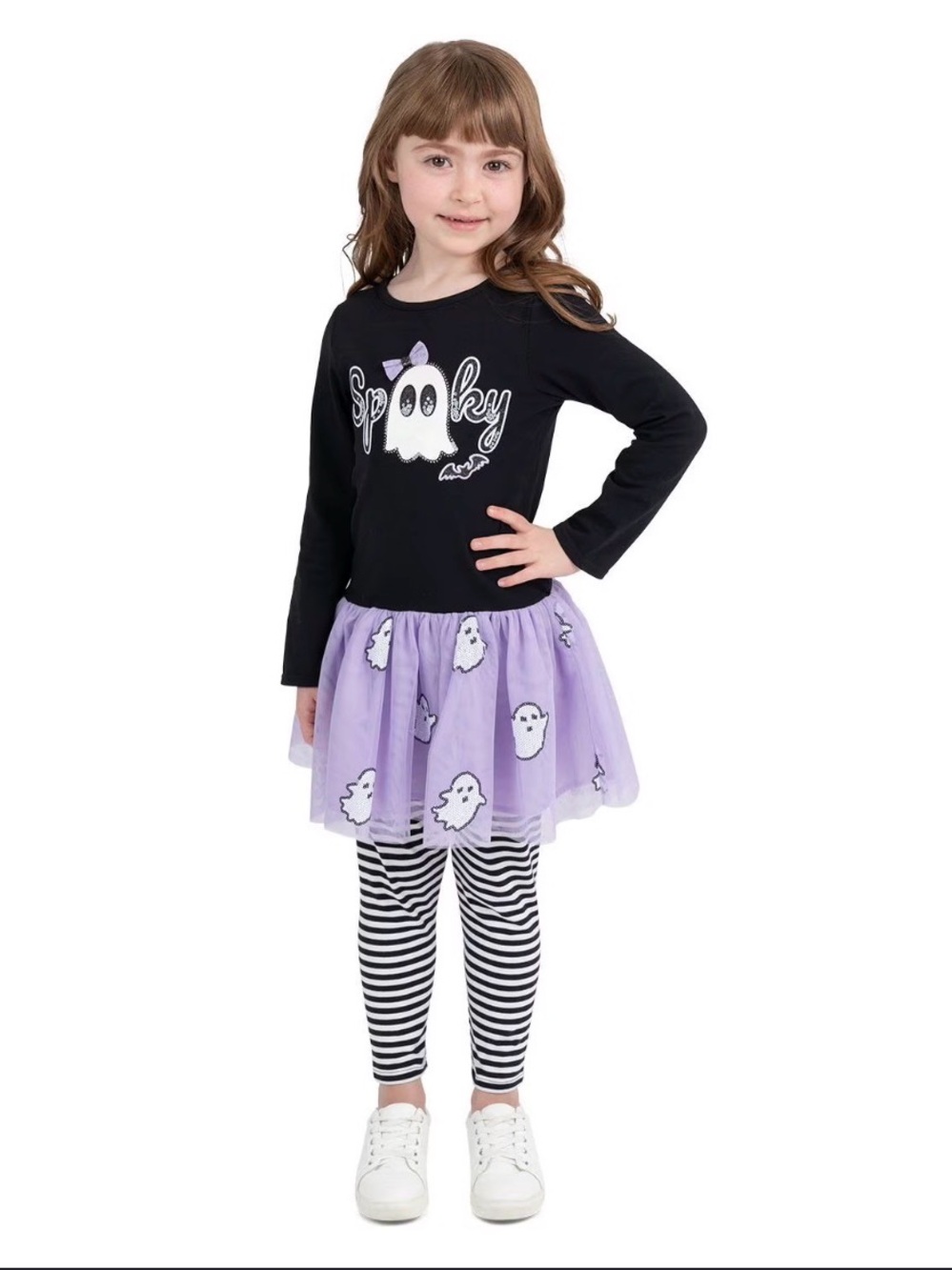 Girls Black & Lavender Ghost Halloween Costume Dress with Striped Leggings